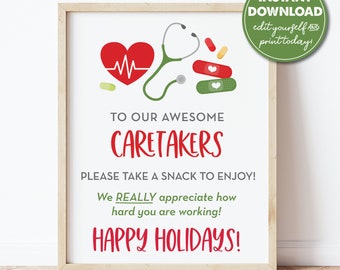 Nurse Caretaker Happy Holidays Thank You Snack Sign, Hospital Worker, Care Giver, Appreciation, Doctor, Take a Snack, Instant Download 0311
