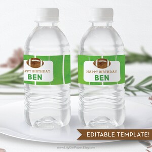 May include: Two clear plastic water bottles with green and white labels. The labels feature a brown football and the text "Happy Birthday Ben".