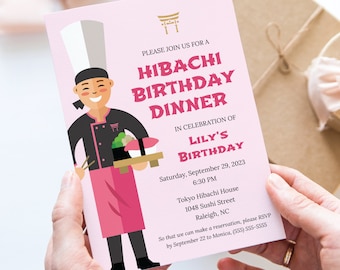 Editable Hibachi Birthday Dinner Party Invitation, Pink, INSTANT DOWNLOAD, Asian Themed Birthday, Asian Steakhouse Dinner Party, 0350