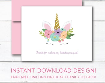 Unicorn Thank You Card, Unicorn Birthday Party Theme, Magical Unicorn, Sleeping Unicorn Instant Download, Digital, Printable, 0101