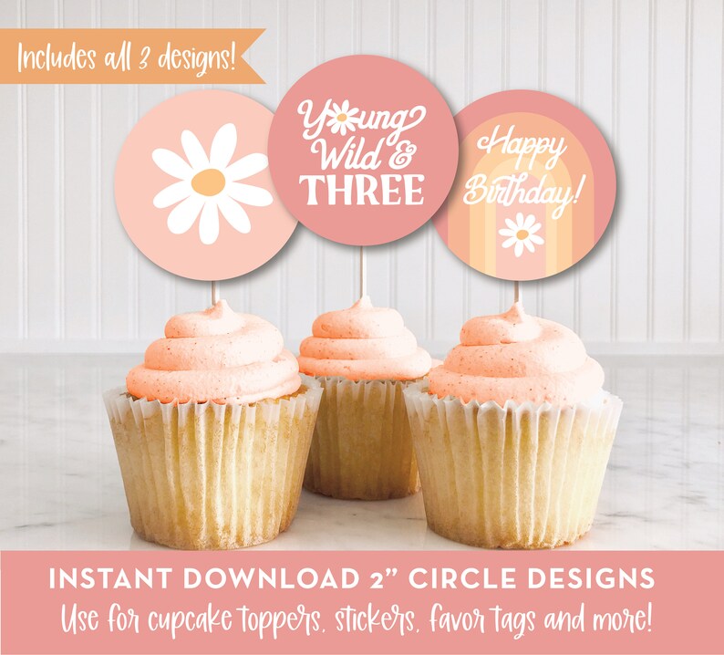 May include: Three cupcake toppers with pink and orange circles. The first topper has a white daisy with a yellow center. The second topper says "Young Wild & Three". The third topper says "Happy Birthday!" with a white daisy and orange stripes.