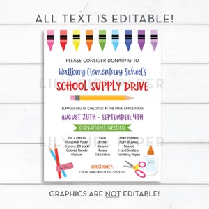Editable School Supply Drive Flyer Template, Back to School, 8.5x11 PTA/PTO Flyer, Customizable, Instant Download, All Text Editable image 2