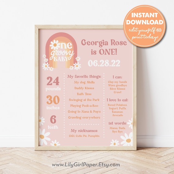 Editable One Groovy Baby Milestone Birthday Sign Template, 16x20 Poster, 1st Birthday, 70s Theme, Retro Rainbow, INSTANT DOWNLOAD! 0888 Il_570xn