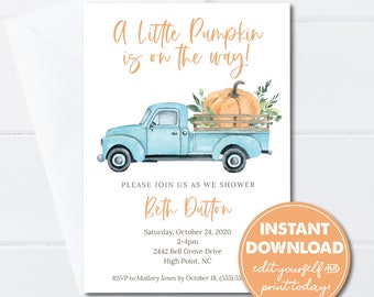 A Little Pumpkin is on the way Baby Shower Invitation, Baby Boy, EDITABLE INSTANT DOWNLOAD, Edit, Download & Print or Email today!  0214