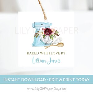 Editable, Personalized Baked with Love Gift Tag, Mixer, Baked Goods, Housewarming, Gift Giving, INSTANT DOWNLOAD, Edit and Print Today! 0700