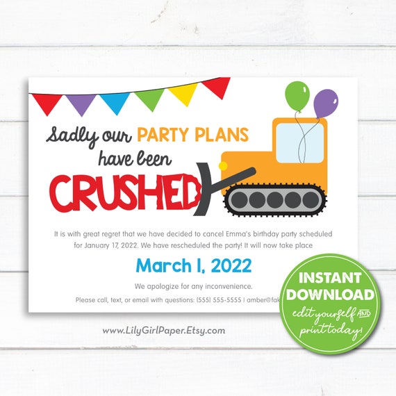 Editable New Party Plan Announcement Template, Postponed, Kid's Birthday, INSTANT DOWNLOAD, Edit, Download and Email or Print Today! Il_570xn