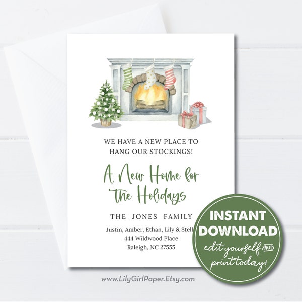 Editable New Place to Hang our Stockings, New Home Holidays Moving Announcement, INSTANT DOWNLOAD, Christmas, New Address Card, 0245