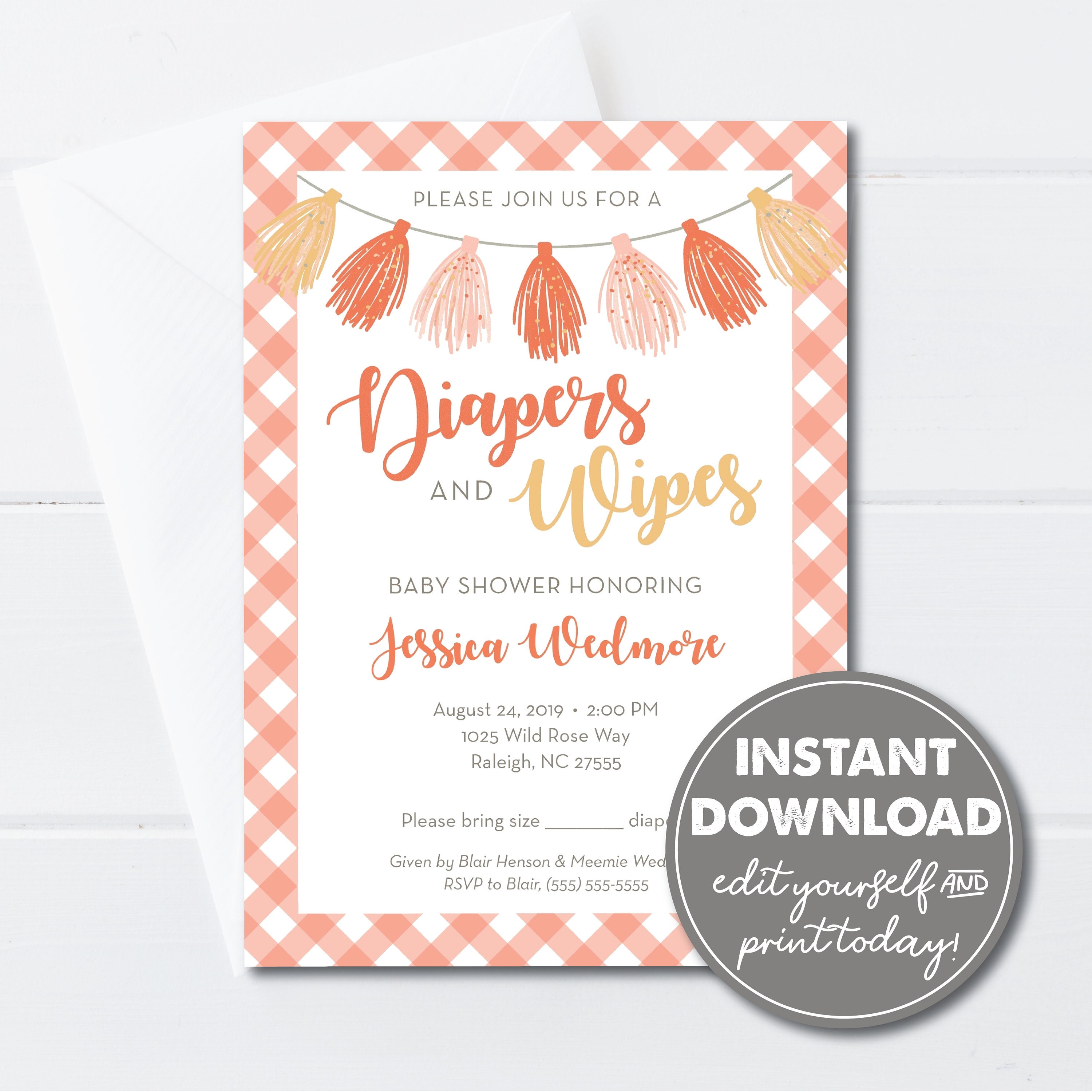 Editable Diaper and Wipes Baby Shower Invitation Template | Etsy