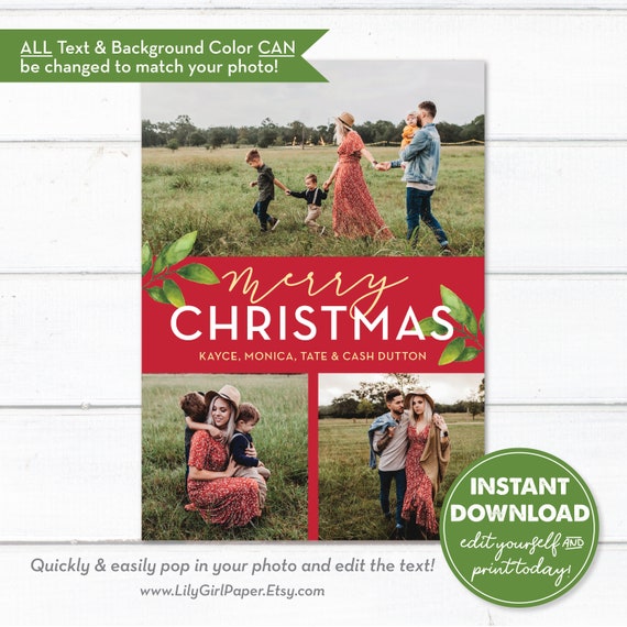 Editable Merry Christmas 3 Photo Holiday Card Template, Vertical, Portrait, INSTANT DOWNLOAD, Edit,Download,PrintToday! LGPC118_MC Il_570xn
