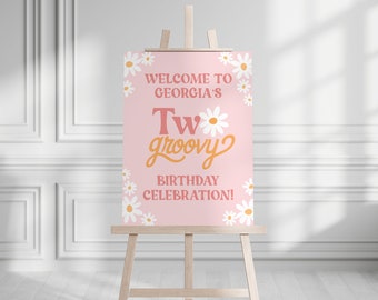 Editable Two Groovy 2nd Birthday Party Welcome Sign Template, 16x20, Boho, Retro, 70s, INSTANT DOWNLOAD! Printable Guest Greeting Sign, 0306