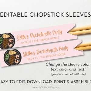 Chopsticks Sleeve Editable Template, Chopstick Pocket, Hibachi Birthday Dinner, Bachelorette Party, Asian Steakhouse, INSTANT DOWNLOAD, 0362