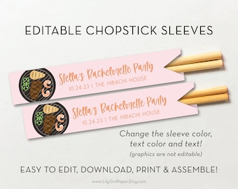 Chopsticks Sleeve Editable Template, Chopstick Pocket, Hibachi Birthday Dinner, Bachelorette Party, Asian Steakhouse, INSTANT DOWNLOAD, 0362