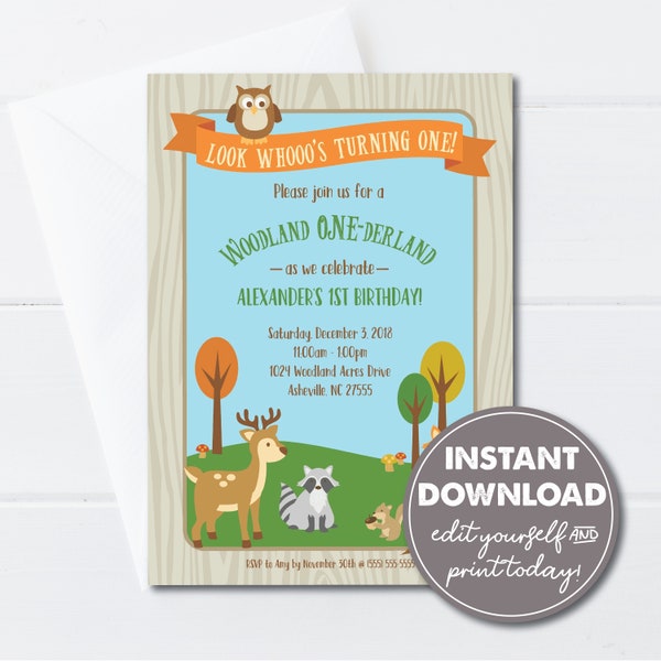 Editable Woodland One-derland 1st Birthday Party Invitation Template, Toddler, INSTANT DOWNLOAD, Edit, Download and Print Today! 0107