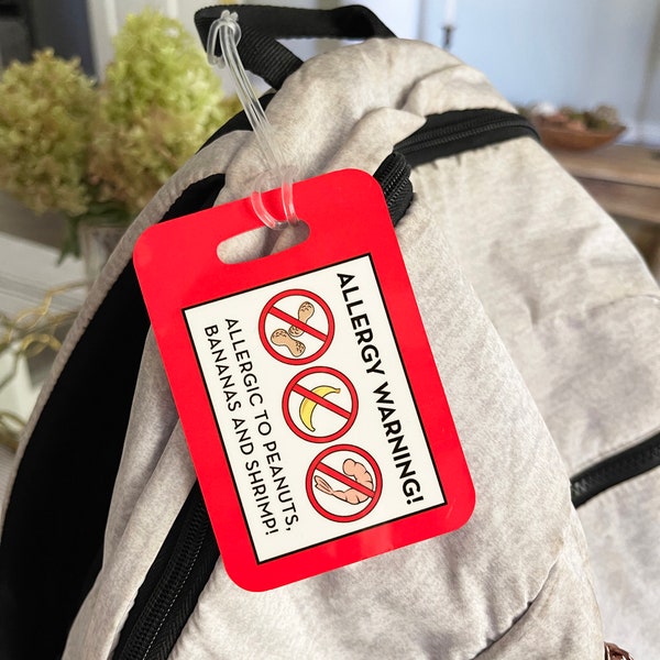 Food Allergy Warning Bag Tag, Allergy Alert, School Bag Tag, Luggage Tag, Durable Hard Plastic, Peanut, Tree Nut, Egg, Dairy Allergy & more