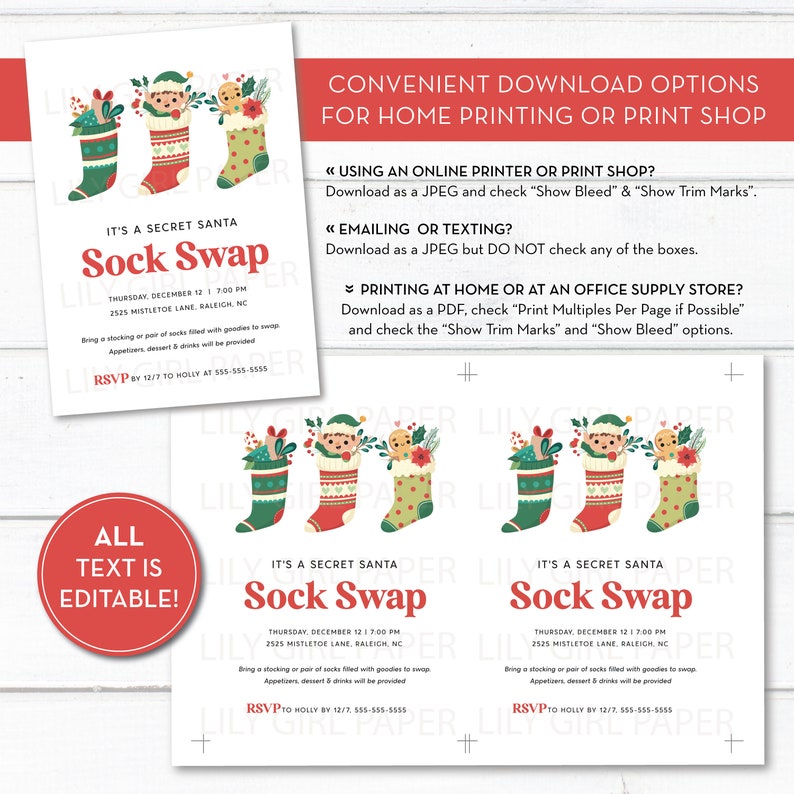 Secret Santa Sock Swap Party Invitation Editable Template Etsy