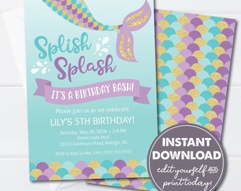 Editable Mermaid Birthday Invitation Template, Girl's Birthday, Little Mermaid Party, INSTANT DOWNLOAD, Under the Sea Invitation, 0156