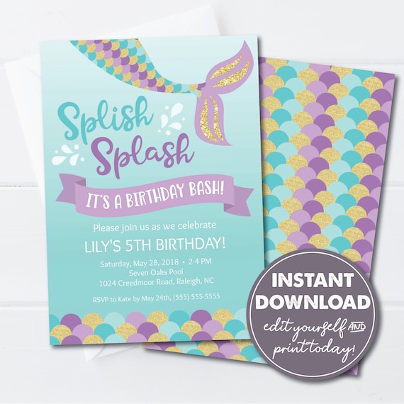 Editable Mermaid Birthday Invitation Template, Girl’s Birthday, Little