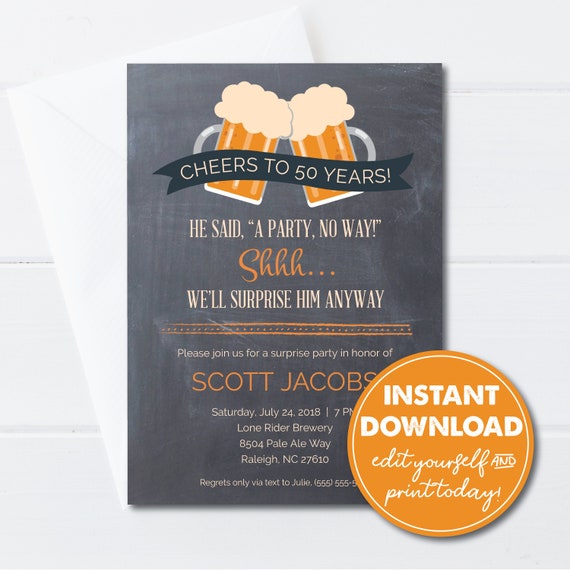 Editable 50th Birthday Surprise Party Invitation, INSTANT DOWNLOAD.