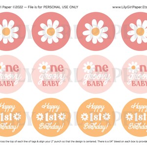 May include: A set of 12 printable 2-inch round circle stickers featuring a groovy baby theme. The stickers have a pink, peach, and yellow color scheme with daisy flowers, the text "one groovy baby", and "Happy 1st Birthday!"