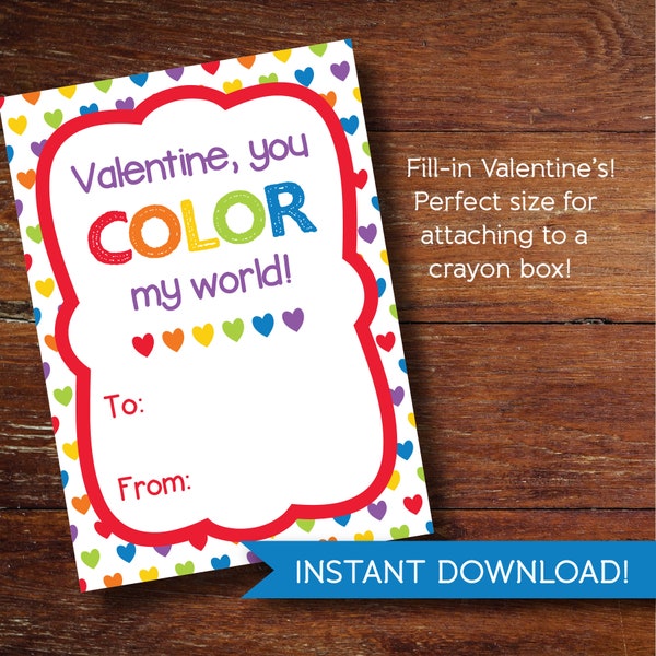 Valentine's Cards, INSTANT DOWNLOAD, You Color My World, Crayons Valentine