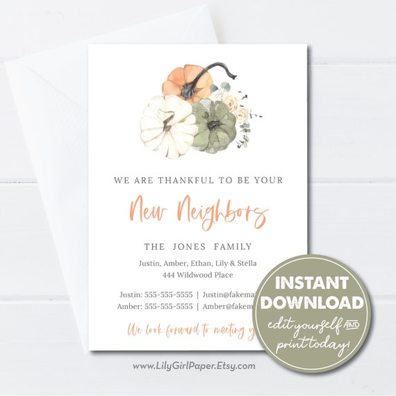 Editable We're New to the Neighborhood Card Template, Thankful to be Your Neighbors, INSTANT DOWNLOAD, New Neighbor Announcements, 0218 Il_570xn