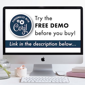 Puede incluir: Una pantalla de ordenador que muestra un logotipo azul y blanco con el texto "PERSONALIZE WITH Coril" y el texto "Try the FREE DEMO before you buy! Link in the description below..."