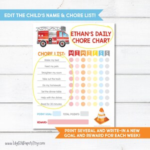 Editable Chore Chart for Kids, Firetruck Reward Chart Template, Weekly ...