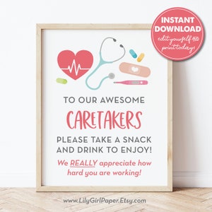 Caretaker, Nurse Thank You Snack & Drink Sign, Hospital Workers, Nurse Appreciation, Doctor Thank You, Take a Snack, Instant Download 0311