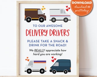 Delivery Driver Snack & Drink Sign, Mail Carrier, Packages, Essential Worker, Thank You Sign, Take Snack, Printable Instant Download, 0288