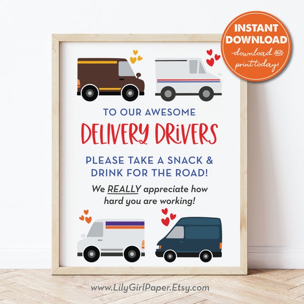 Delivery Driver Snack & Drink Sign, Mail Carrier, Packages, Essential Worker, Thank You Sign, Take Snack, Printable Instant Download, 0288