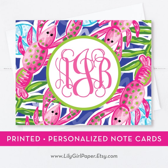 Preppy Monogrammed Folded Note Card, Lobster, Beach Pattern, Printed, Personalized Stationery, A2 Card with Envelopes, FREE SHIPPING Il_570xn