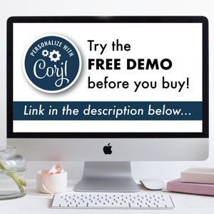 Może przedstawiać: Ekran komputera wyświetlający niebiesko-białe logo z tekstem "PERSONALIZE WITH Coril" i tekstem "Try the FREE DEMO before you buy! Link in the description below..."