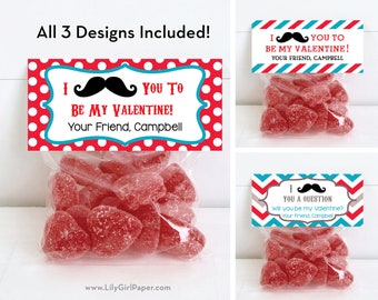 Editable Valentine Treat Bag Toppers, I Mustache You a Question, Class Valentine, School Valentine, Folded Valentine Candy Topper