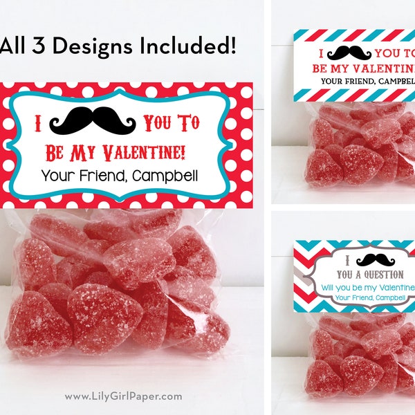 Editable Valentine Treat Bag Toppers, I Mustache You a Question, Class Valentine, School Valentine, Folded Valentine Candy Topper