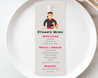 Plantilla editable de menú de fiesta de cumpleaños Hibachi, cena de sushi, asador asiático, ¡DESCARGA INSTANTÁNEA! Menú imprimible 0070
