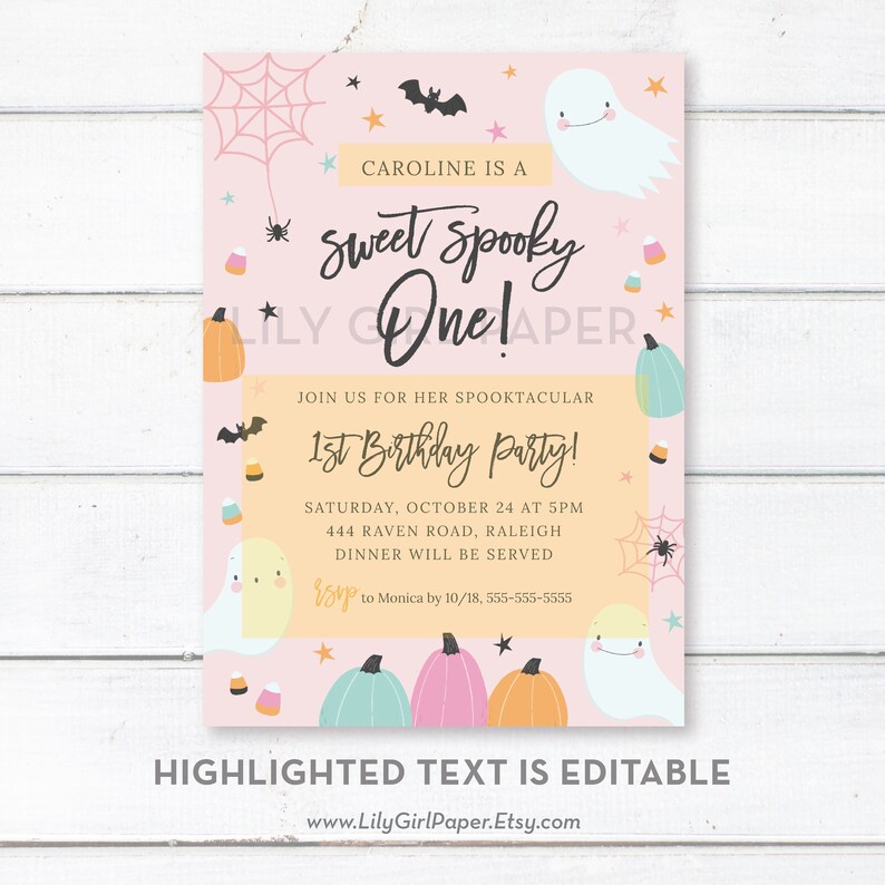 Sweet Spooky One, Girl's 1st Birthday Party Invitation, Pink Halloween Birthday, Editable Template, INSTANT DOWNLOAD, Print/Email! 0334 image 5