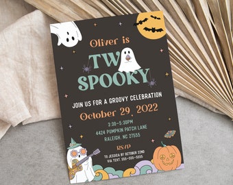 Two Spooky, Groovy 2nd Birthday Party Invitation, Retro Halloween Party, 1970s, Editable Template, INSTANT DOWNLOAD, Print/Email! 0333
