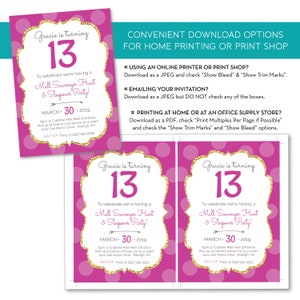 May include: Pink and gold birthday party invitation for a 13th birthday. The invitation features a pink background with white polka dots and gold glitter. The text on the invitation reads "Gracie is turning 13" and includes details about a mall scavenger hunt and sleepover party. The invitation also includes the date and time of the event, as well as the location.