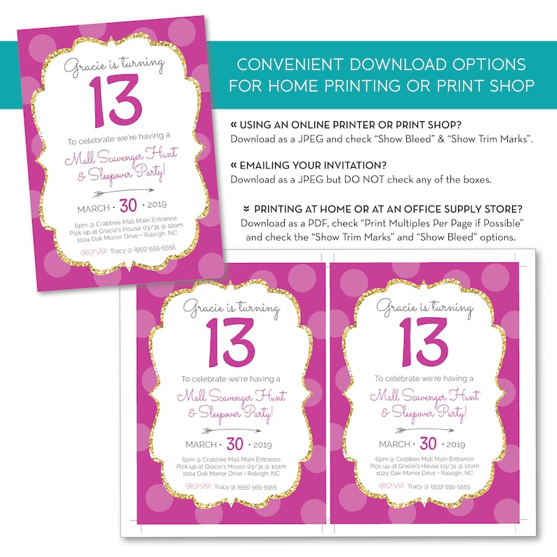 May include: Pink and gold birthday party invitation for a 13th birthday. The invitation features a pink background with white polka dots and gold glitter. The text on the invitation reads "Gracie is turning 13" and includes details about a mall scavenger hunt and sleepover party. The invitation also includes the date and time of the event, as well as the location.