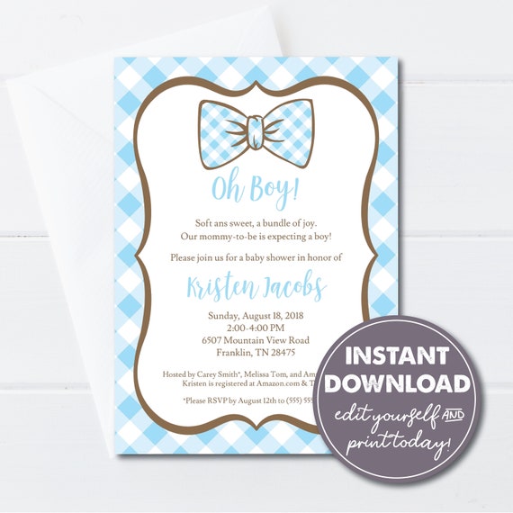 Editable Baby Shower Invitation, Baby Boy, Bow Tie Invitation, Instant