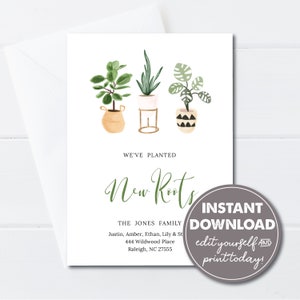 Editable Moving Announcement, INSTANT DOWNLOAD, New Roots, New Address Card, Printable, Plant Lady, New Home
