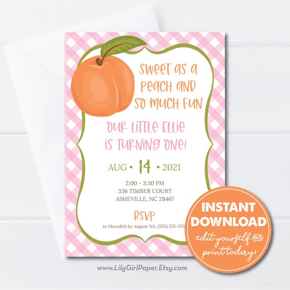 Editable Peach 1st Birthday Party Invitation, Sweet as a Peach and So Much Fun, Pink, INSTANT DOWNLOAD, Edit, Download, Print or Email! 0285 Il_570xn