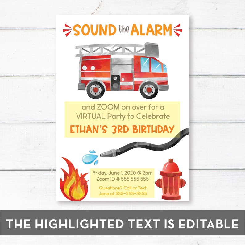 Easily Edit INSTANT DOWNLOAD 0142 Editable Zoom Virtual Birthday Invitation Template Firetruck Party Download and Print or Email Today