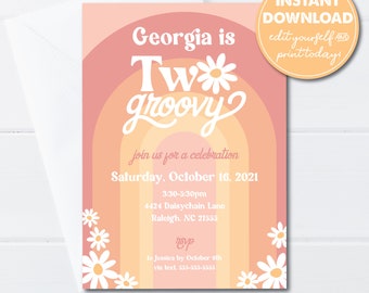 Editable Two Groovy, Girl's 2nd Birthday Party Invitation, 70s theme, Daisies, Rainbow, INSTANT DOWNLOAD, Edit, Download, Print/Email! 0289