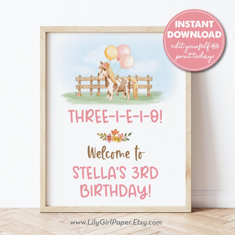 May include: Printable birthday party sign featuring a brown and white horse with a pink and yellow balloon bouquet. The sign says "THREE-I-E-I-O! Welcome to STELLA'S 3RD BIRTHDAY!"