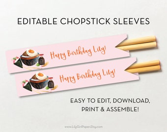 May include: Editable chopstick sleeves with a pink background and a watercolor illustration of a bowl of rice with an egg on top. The text "Happy Birthday Lily!" is printed on the sleeves.