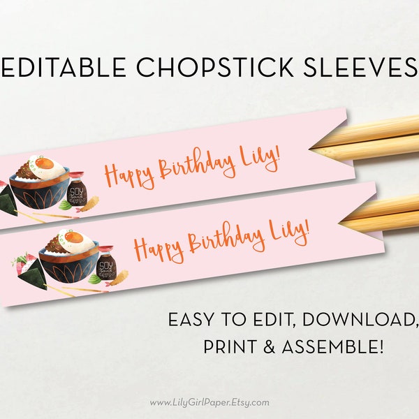 Hibachi Chopsticks Sleeve Editable Template, Chopstick Pocket, Sushi Birthday Dinner Party, Asian Steakhouse, INSTANT DOWNLOAD 0349