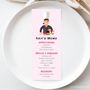 Editable Hibachi Birthday Party Menu Template, PINK, Sushi Dinner Party, Asian Steakhouse, INSTANT DOWNLOAD! Printable Menu 0350