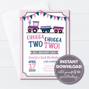 Puede incluir: Una invitaci&oacute;n de fiesta de cumplea&ntilde;os de dos a&ntilde;os con tem&aacute;tica de tren rosa y azul. La invitaci&oacute;n dice "Chugga Chugga Two Two!" e incluye la fecha "17 de abril de 2019" y la hora "1:00-4:00PM".