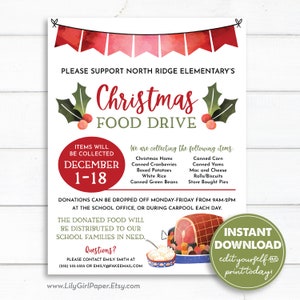 Editable Christmas Food Drive Flyer Template,  8.5x11 PTA/PTO Flyer, Church Group Announcement, Instant Download, All Text Editable, 0262